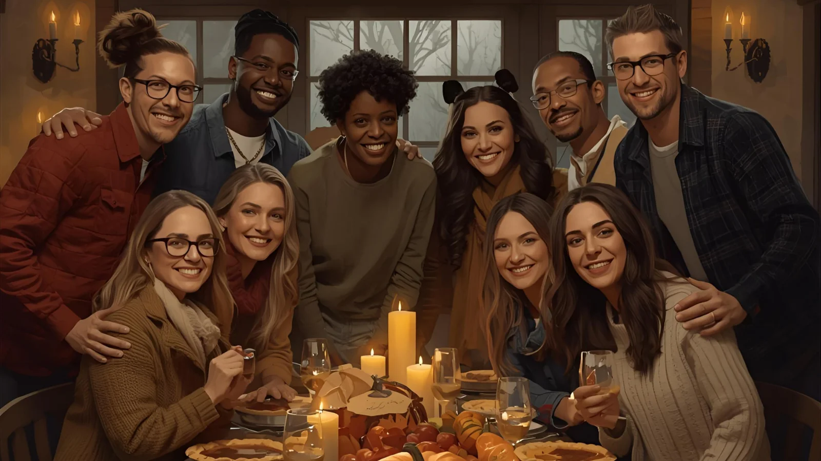 Person in a cozy sweater dress setting a Thanksgiving table in warm fall light.