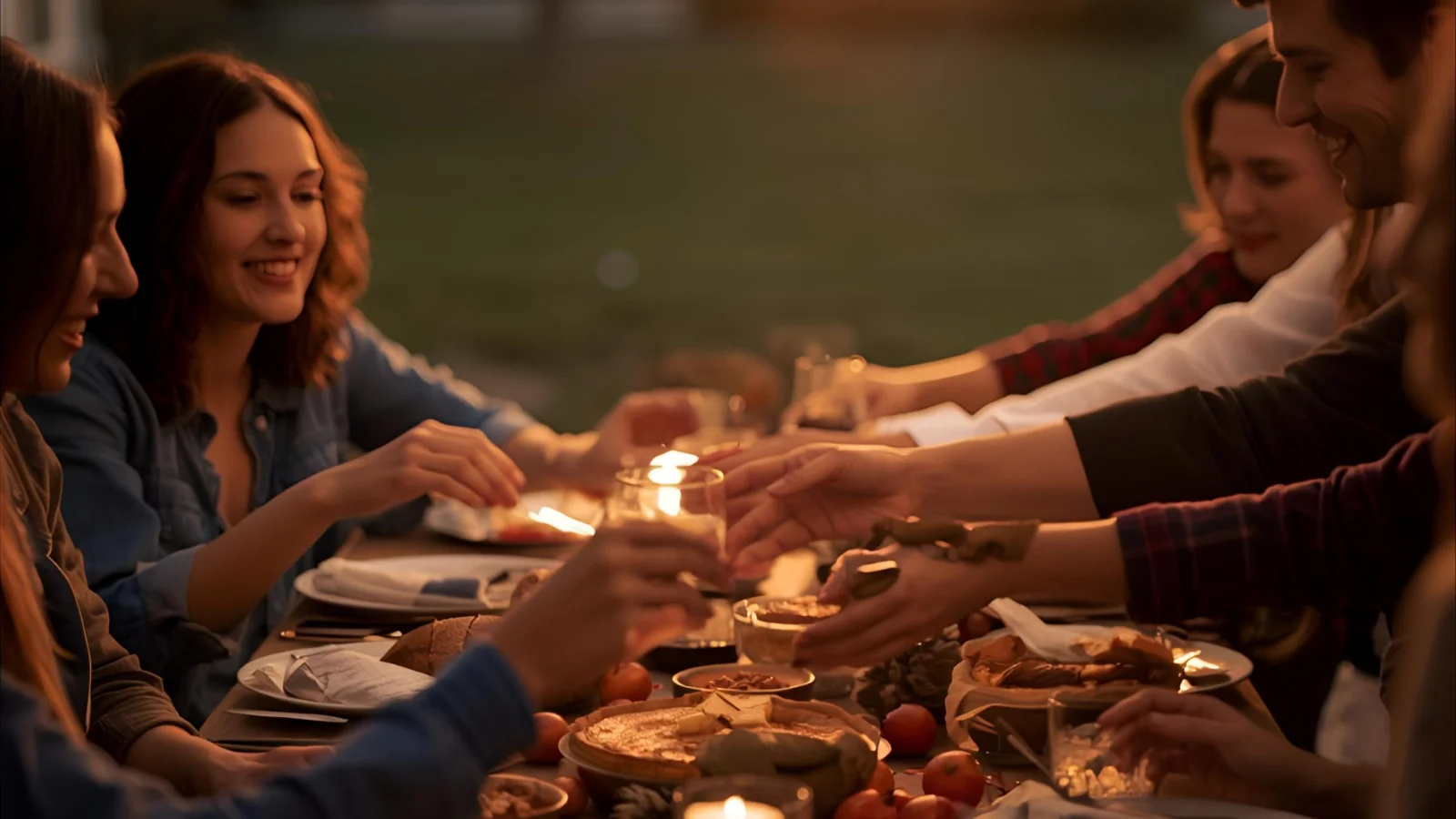 Friends clinking glasses over a cozy Friendsgiving spread at golden hour.