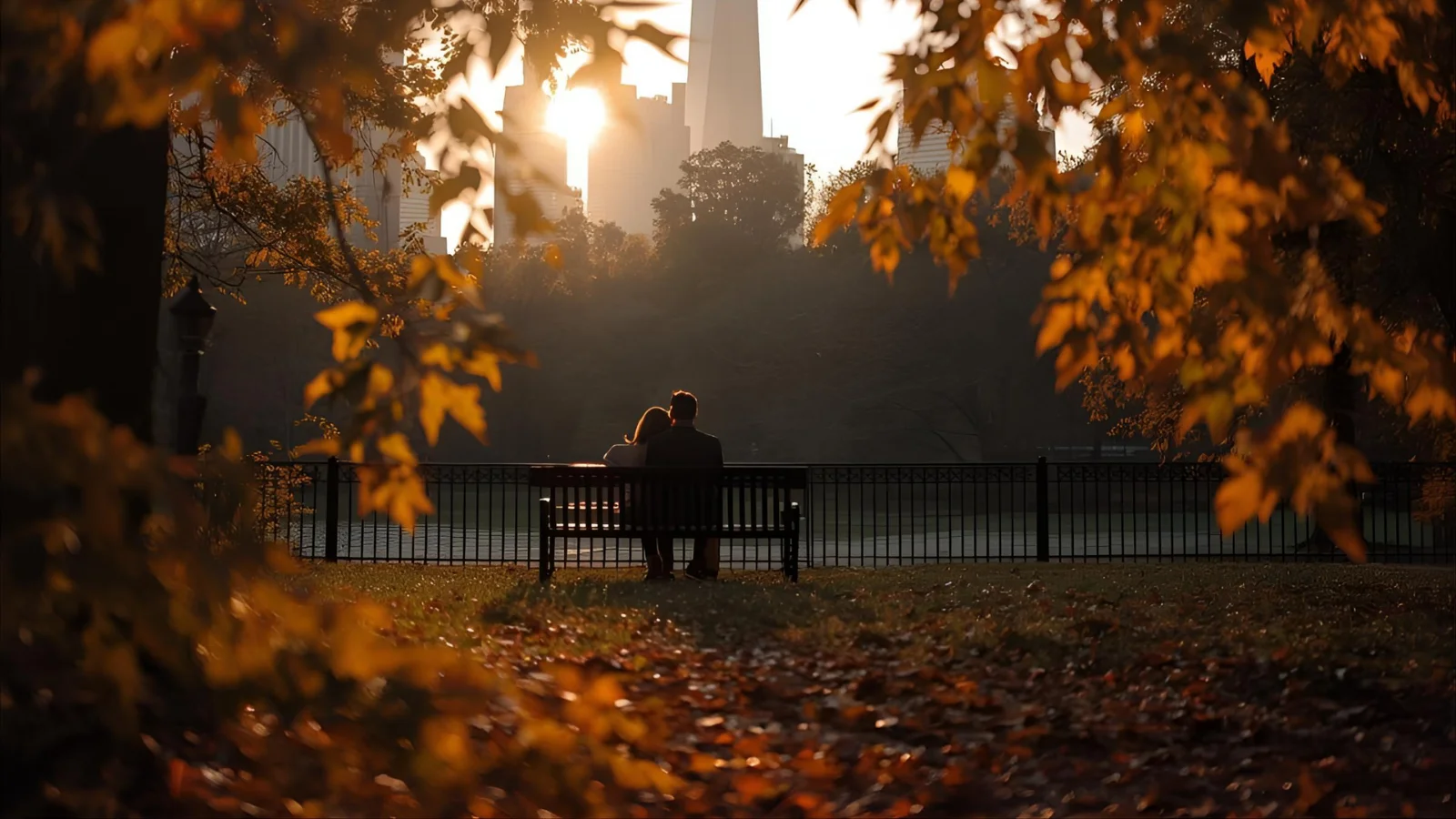 Autumn leaves in Central Park with Manhattan skyline at golden hour.