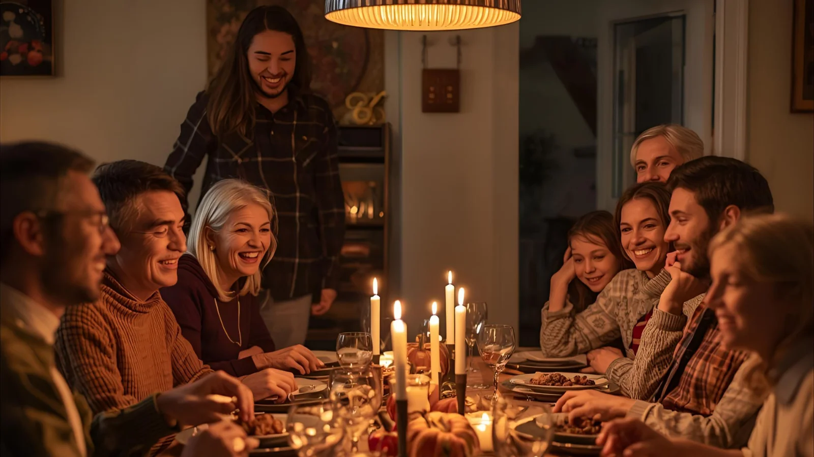 Multi-generational family sharing a Thanksgiving meal at a candlelit table.