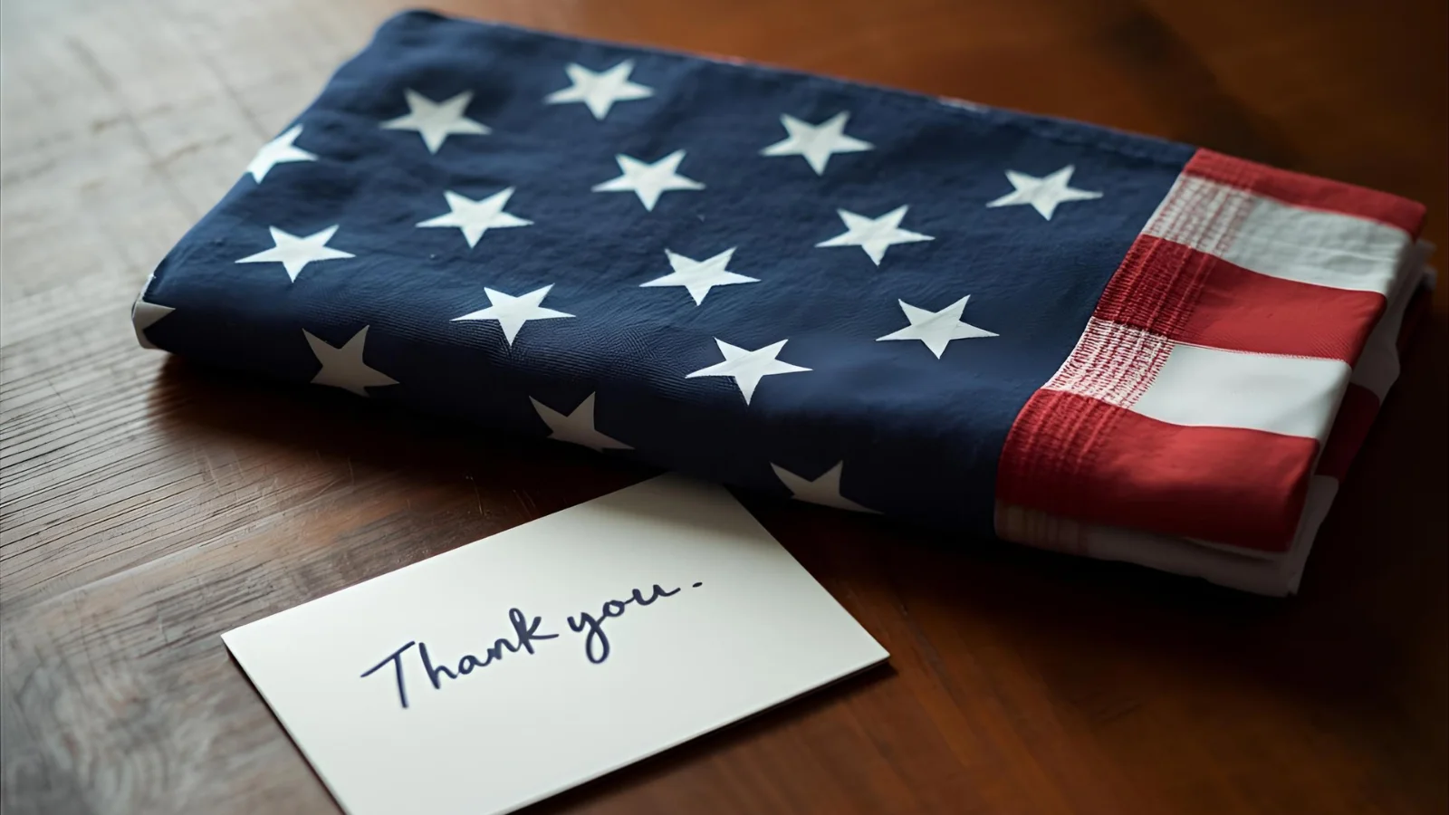 Folded U.S. flag with a handwritten thank-you card on a desk.