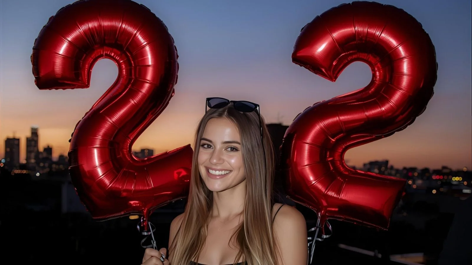 Young woman celebrating her 22nd birthday on a rooftop with “22” balloons and city lights. Image caption: