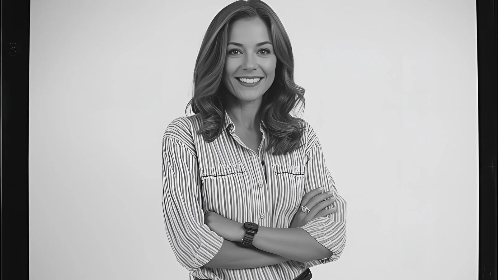 Black and white photo of a confident young woman with loose hair, standing with her arms crossed in a pants-and-shirt outfit