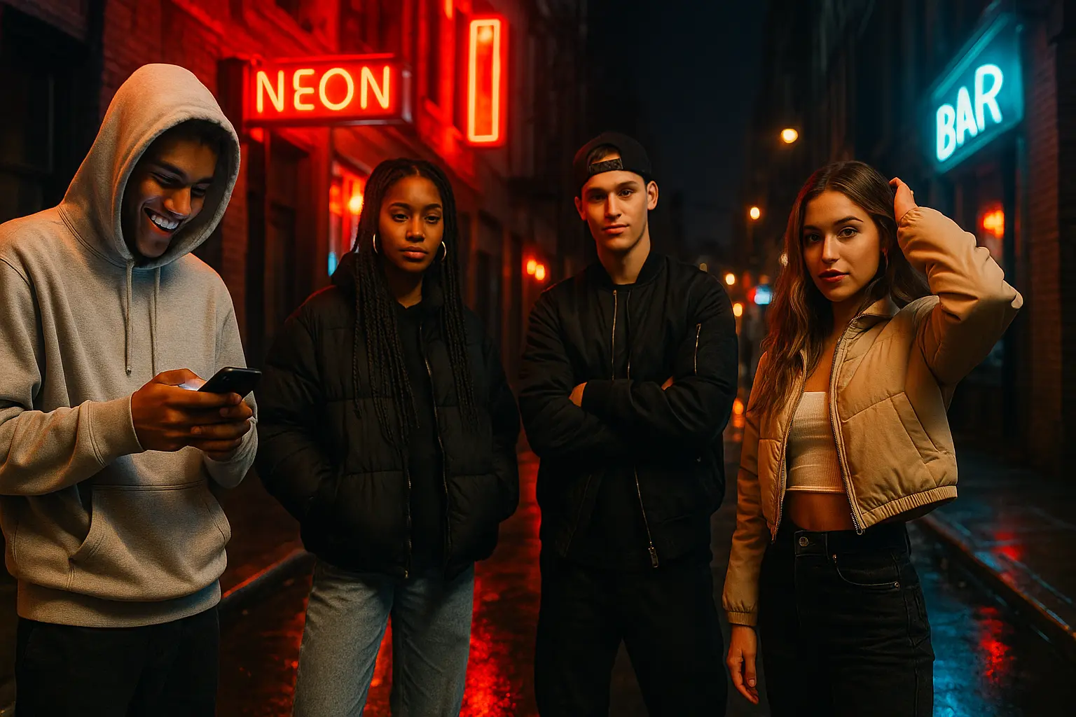 Group of friends in hoodies laughing and posing on a city street at night for Instagram photos.