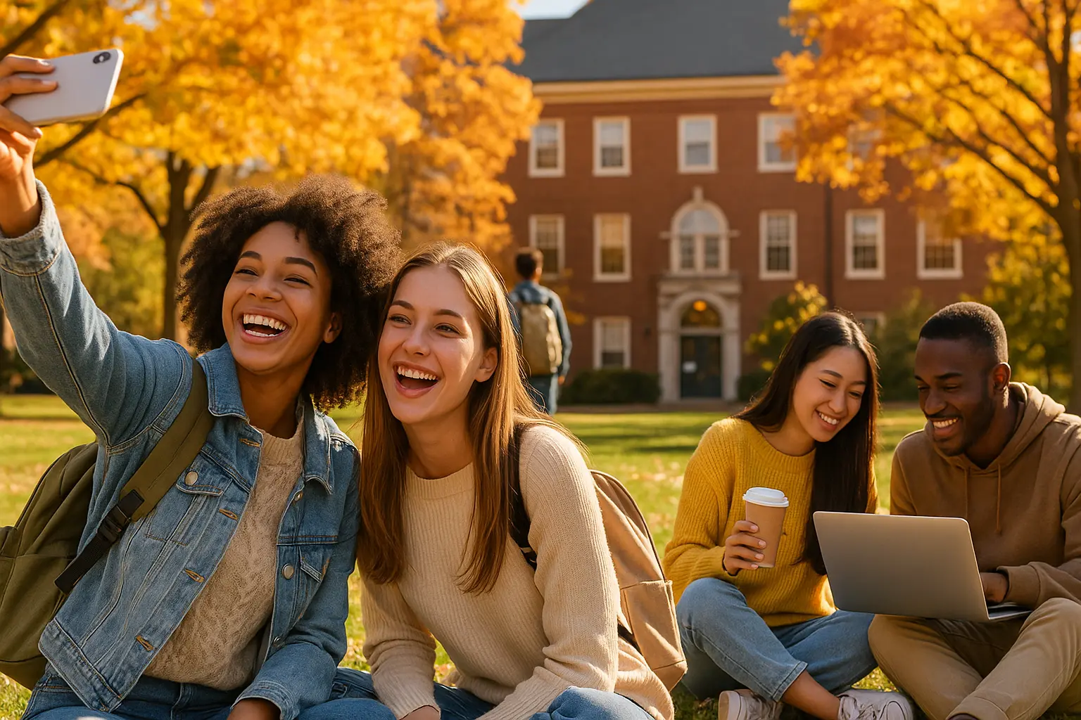 College students taking selfies and studying together on a sunny campus quad, perfect for Instagram.