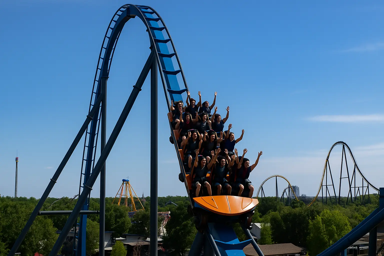People riding a tall roller coaster with hands up during a big drop at a busy theme park.