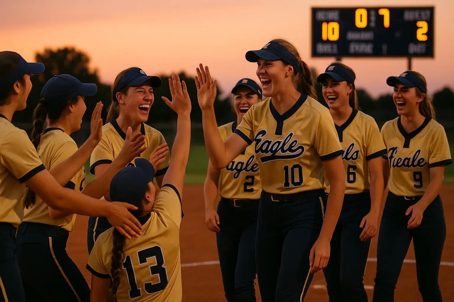Softball team in uniforms celebrating together near home plate after a win at sunset.