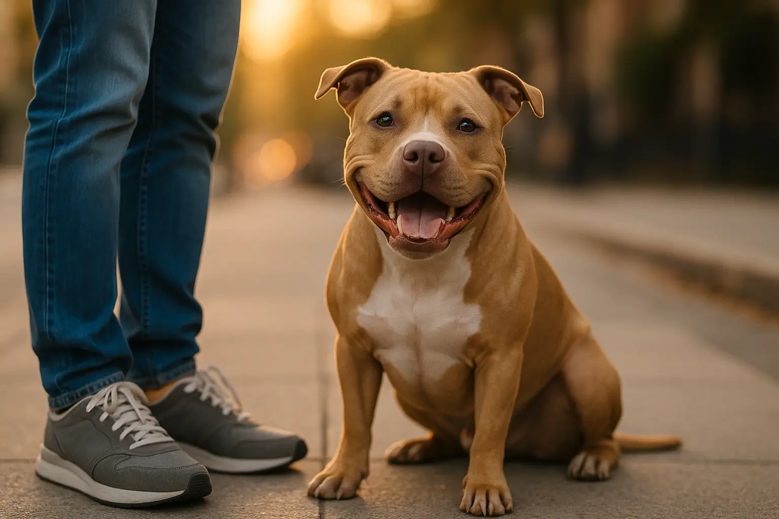 Smiling pitbull sitting on a city sidewalk beside its owner at golden hour.