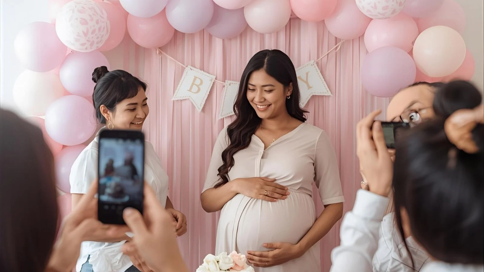 Mom-to-be surrounded by balloons and decorations at a baby shower while guests take photos.