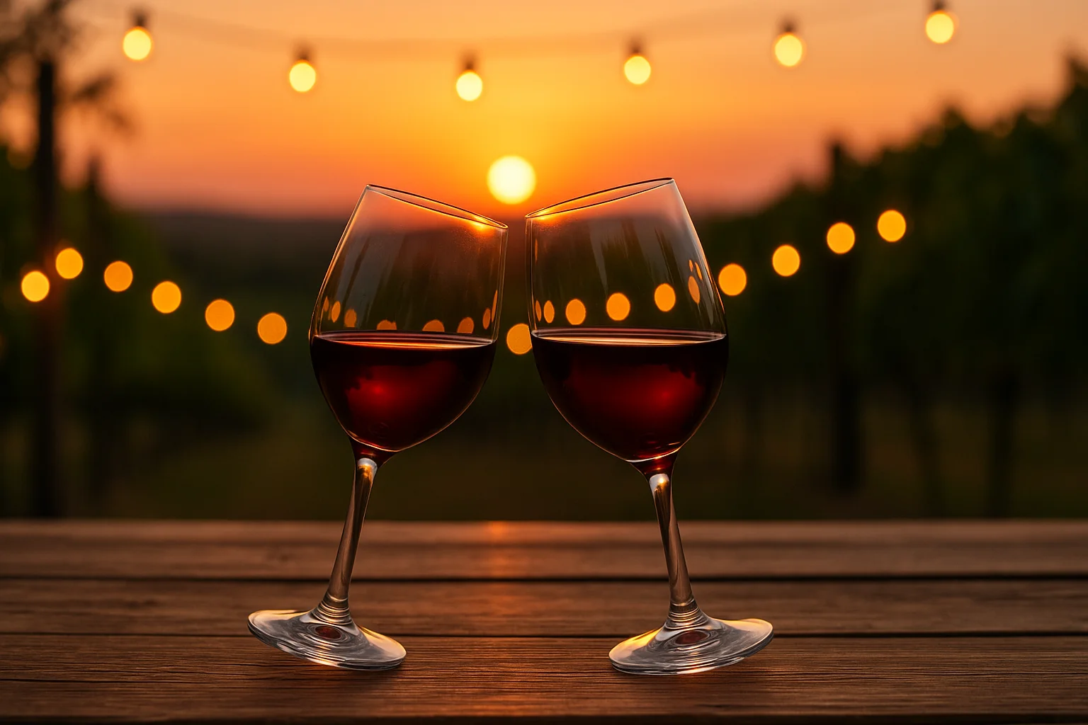 Two wine glasses clinking at sunset with a vineyard blurred behind.