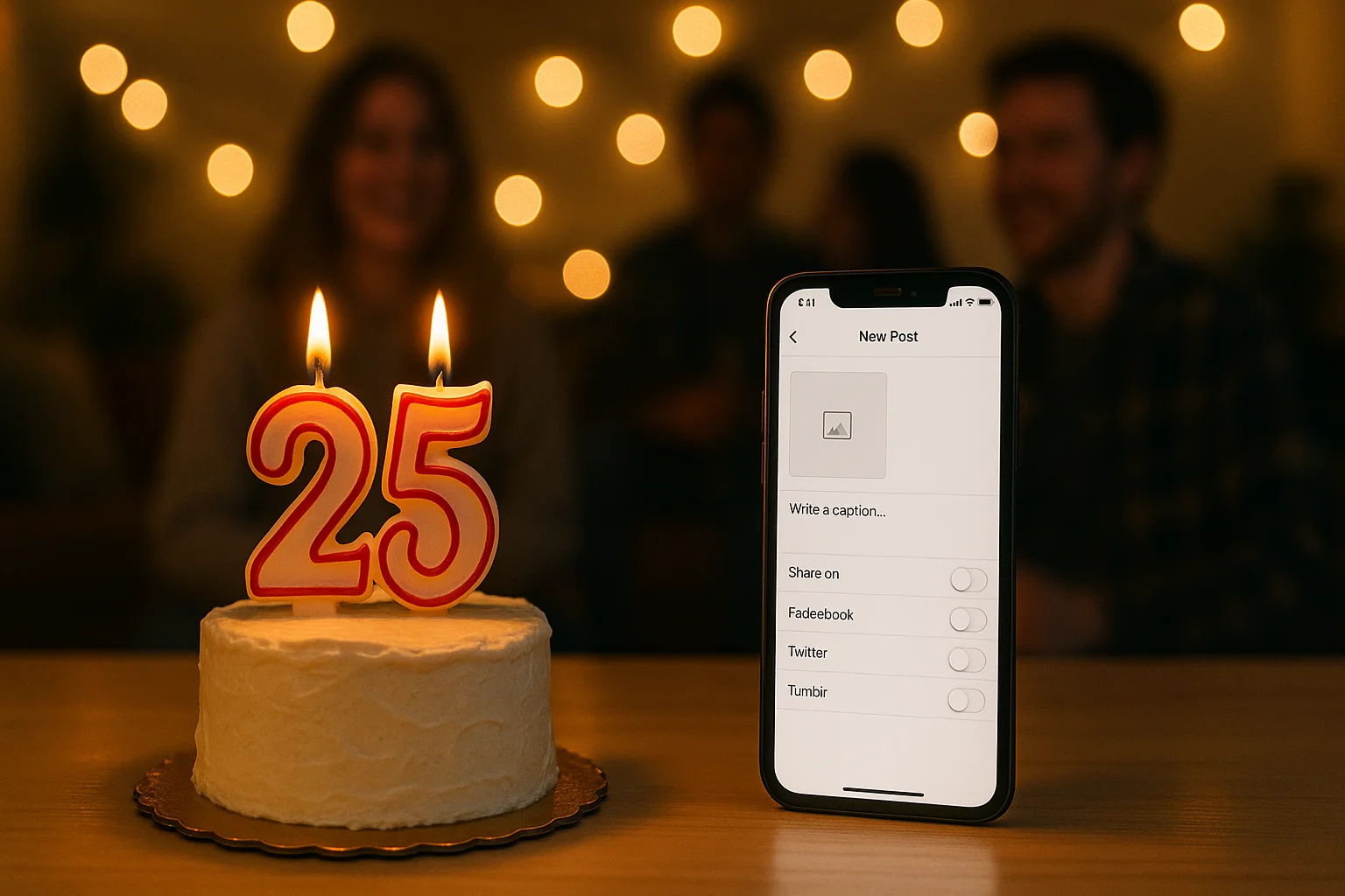 A 25-shaped candle on a birthday cake next to a phone drafting an Instagram caption.