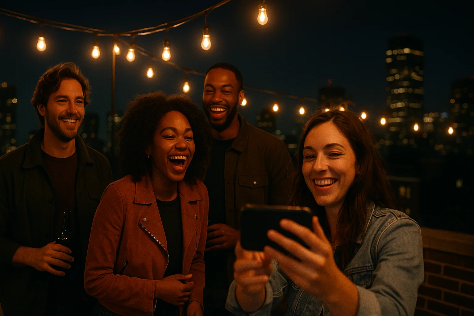 Friends smiling at a rooftop party while taking phone photos