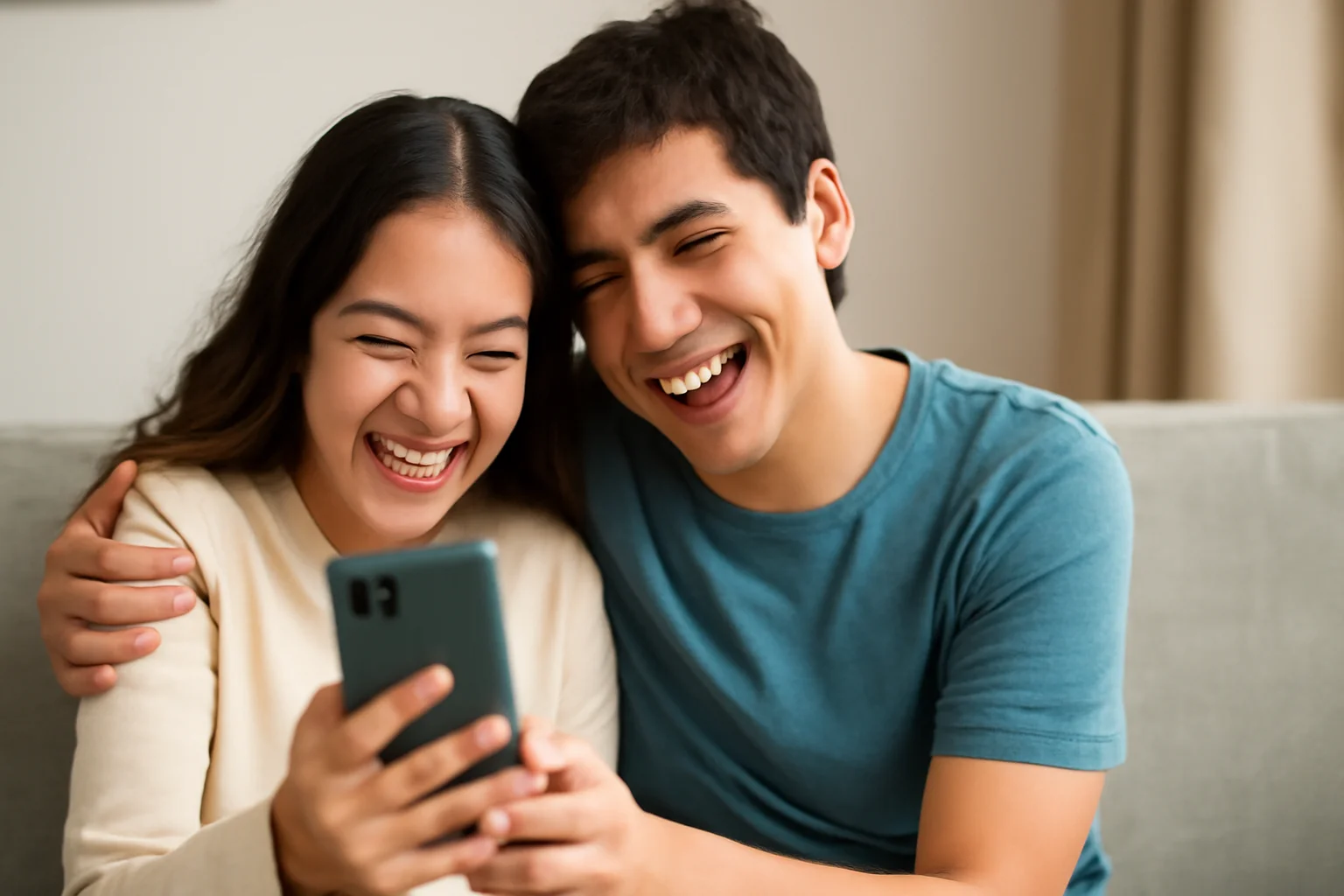 Two siblings laughing and hugging, celebrating sibling bond.