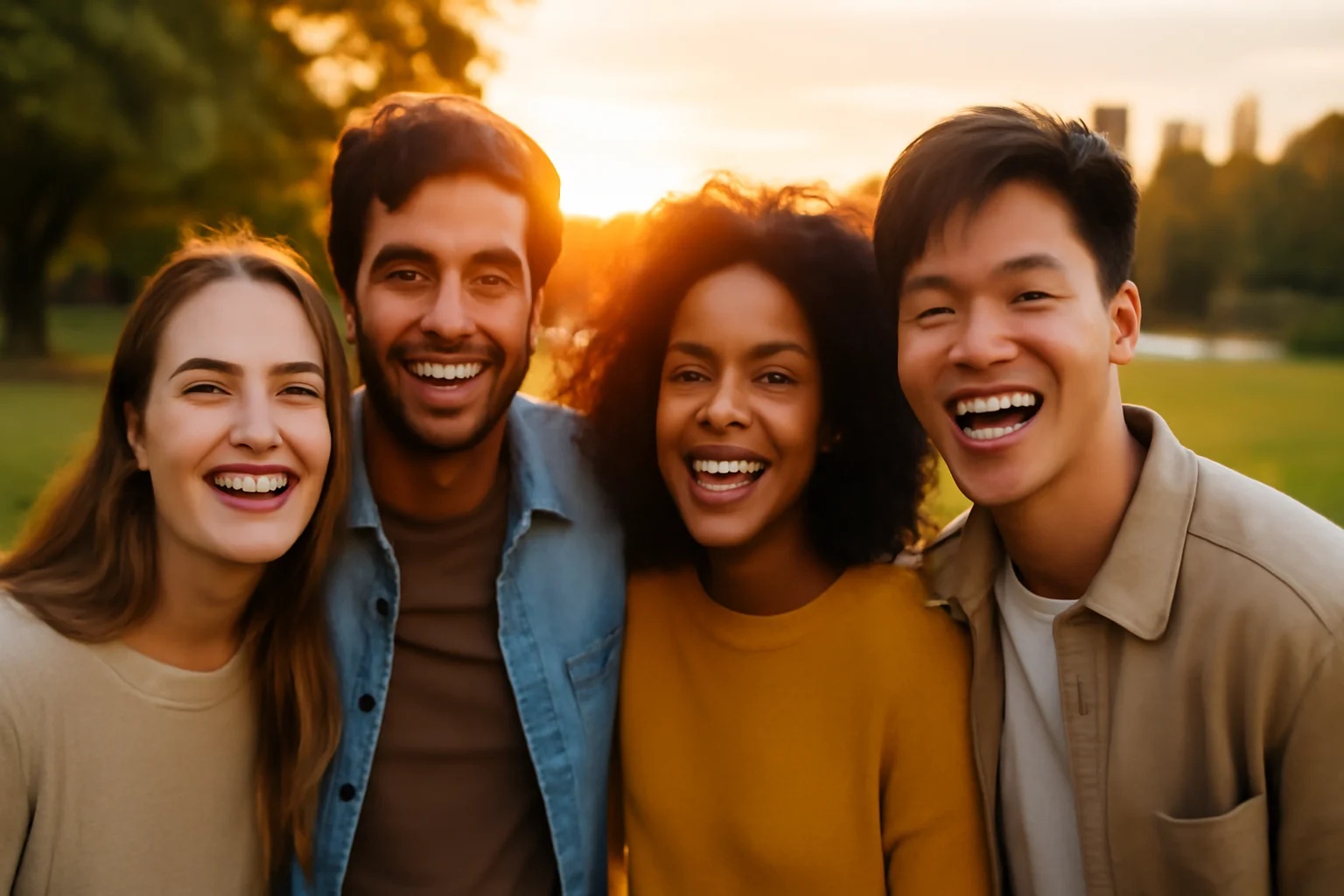 Friends smiling together at sunset in a park