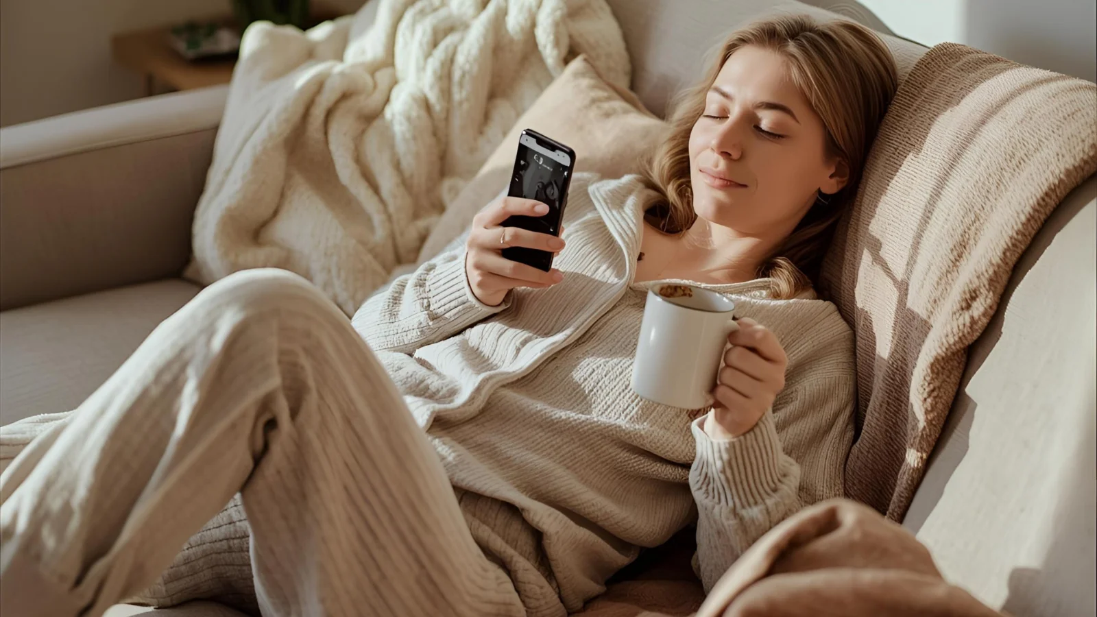 Person relaxing on a couch with coffee and phone while scrolling Instagram in a cozy living room.
