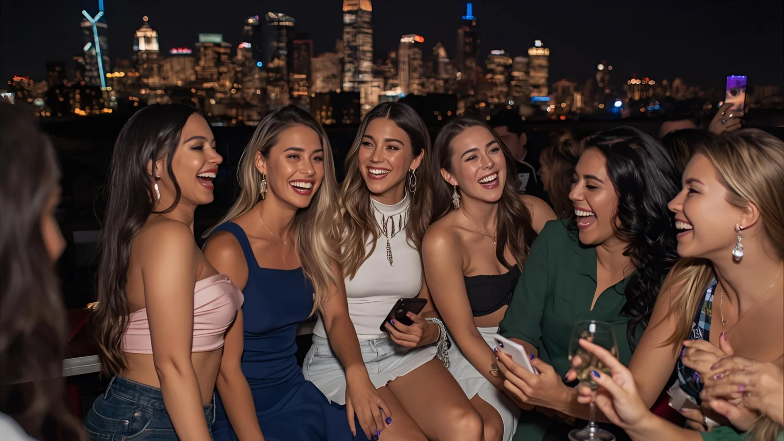 Group of friends enjoying a ladies night on a rooftop bar, laughing and posing for photos with city lights behind them.