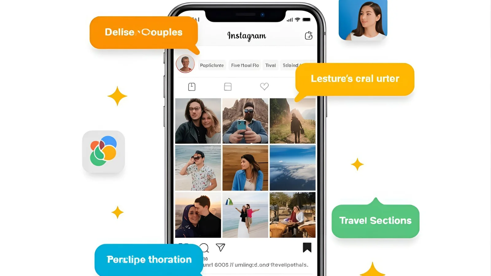 Smartphone displaying a social media feed of varied photos with short caption bubbles floating around each image.