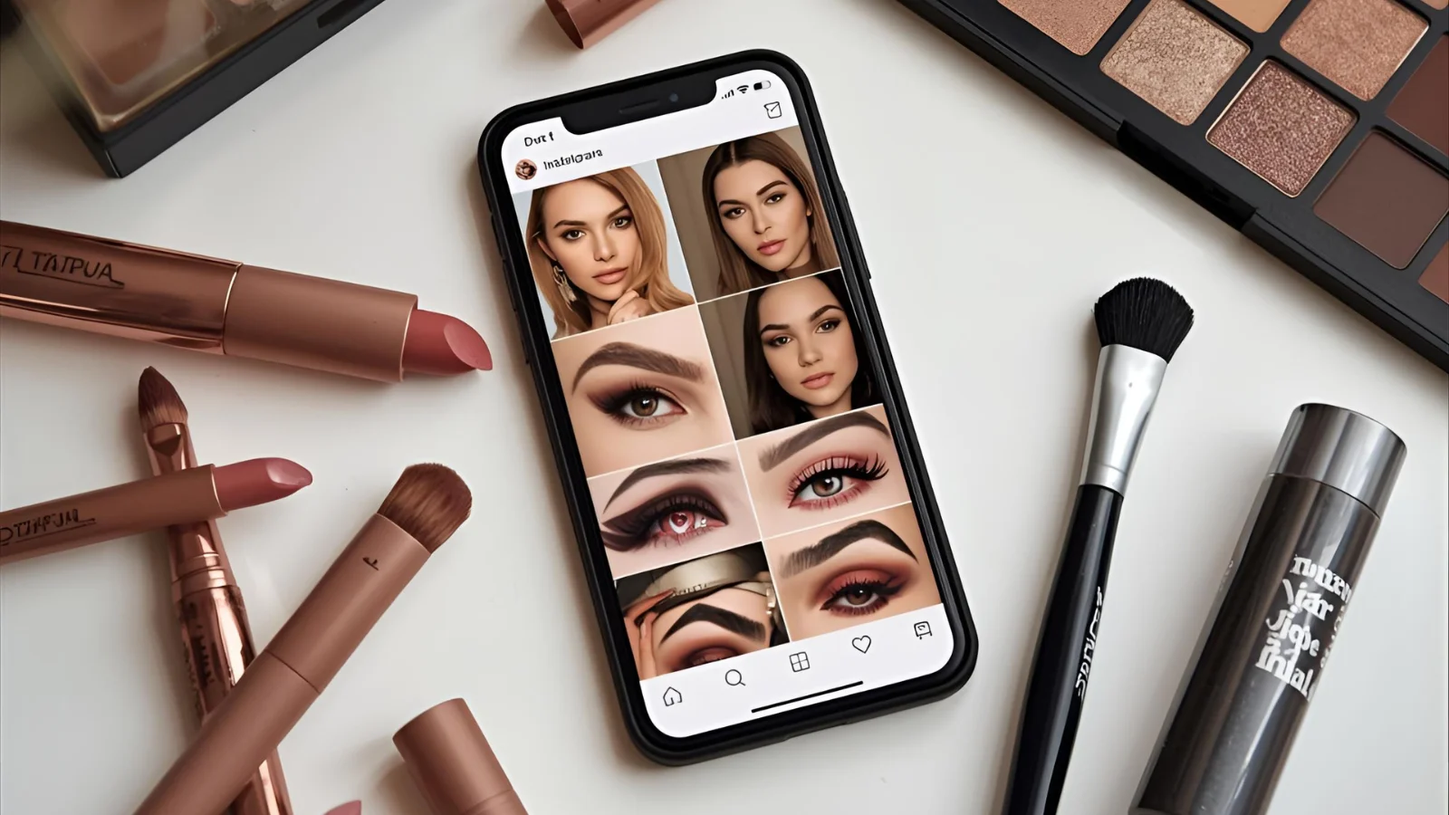 Flatlay of makeup products and a phone showing glam Instagram makeup selfies.